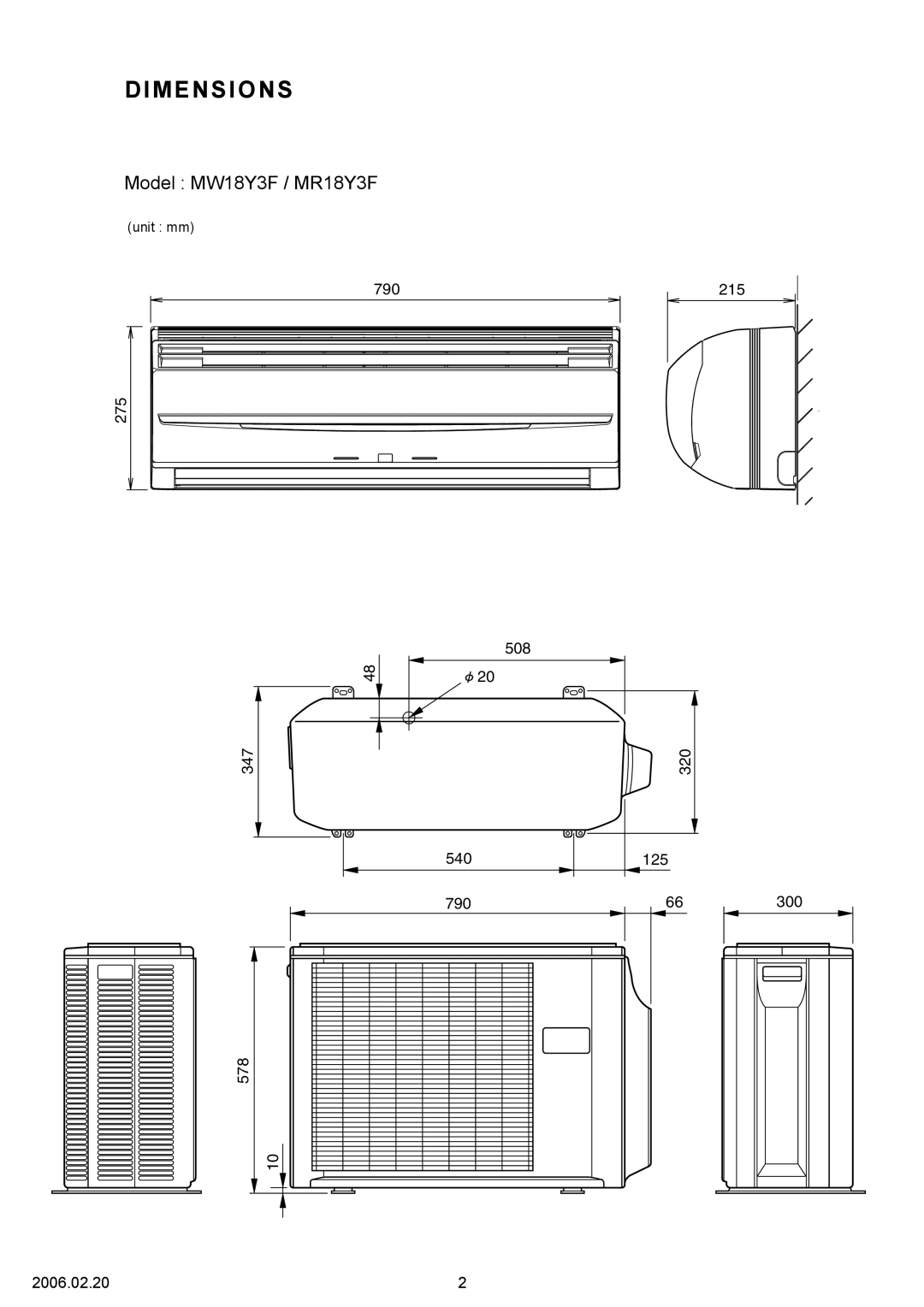 Friedrich specifications Dimensions, Model MW18Y3F / MR18Y3F, 275, unit mm 