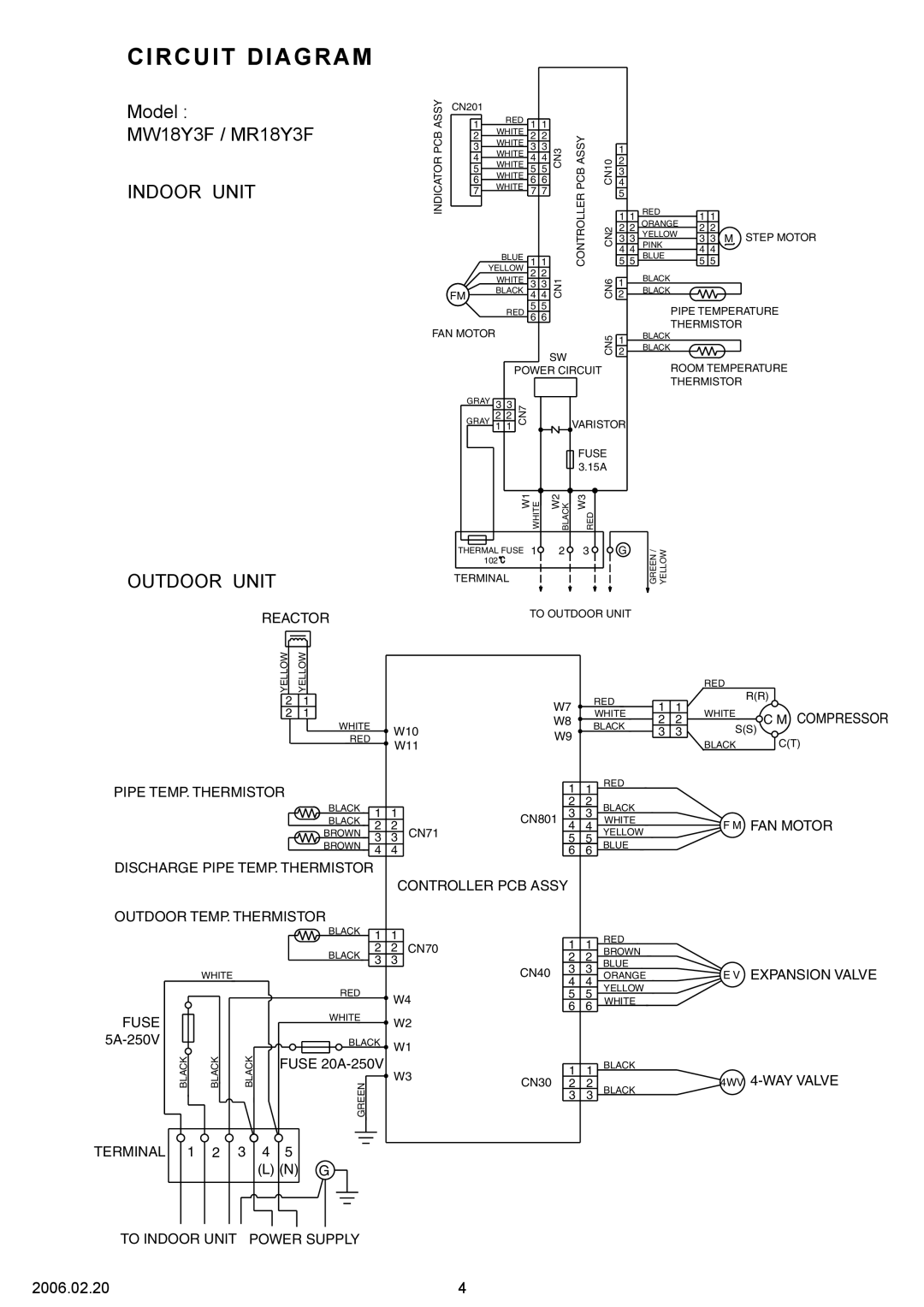 Friedrich specifications Circuit Diagram, Model MW18Y3F / MR18Y3F INDOOR UNIT, Outdoor Unit 
