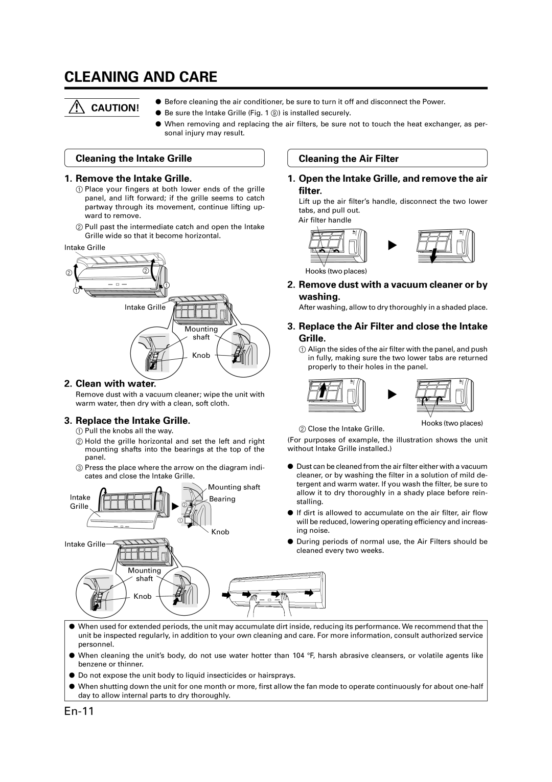 Friedrich MW09Y3FM, MW12Y3FM, MW18Y3FM, MR24DY3F, MR36TQY3F manual Cleaning and Care 