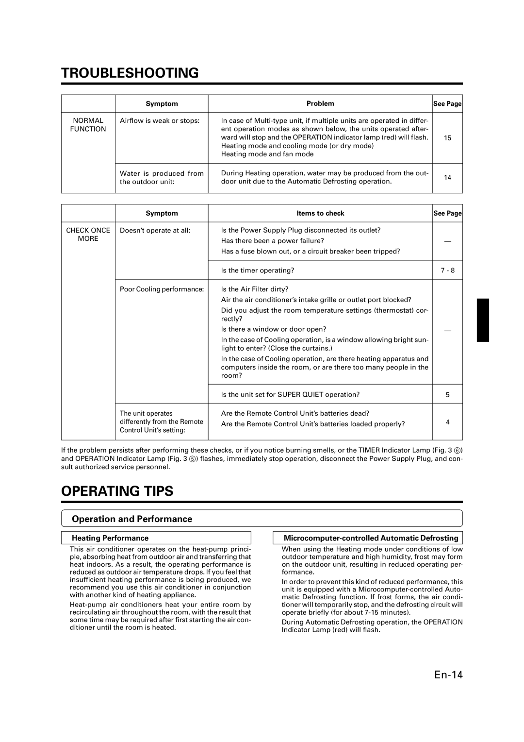 Friedrich MW09Y3FM, MW18Y3FM manual Operating Tips, Operation and Performance, Heating Performance, Symptom Items to check 