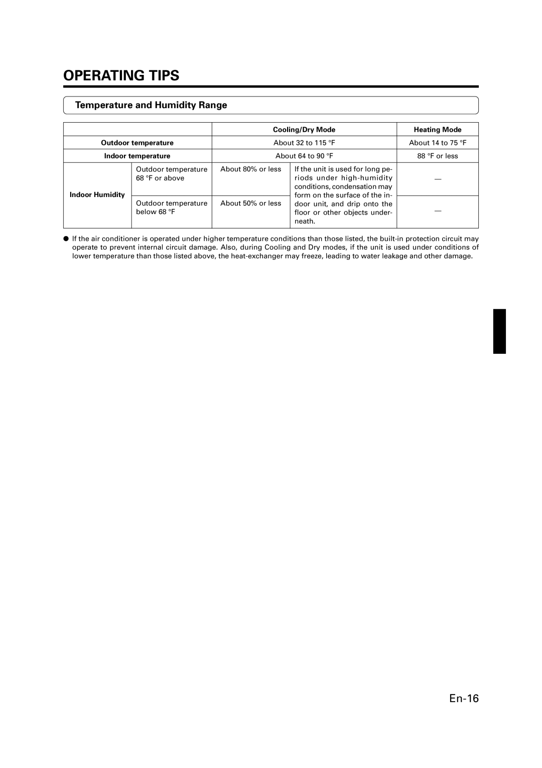 Friedrich MW09Y3FM, MW12Y3FM, MW18Y3FM, MR24DY3F, MR36TQY3F manual Temperature and Humidity Range, Indoor temperature 