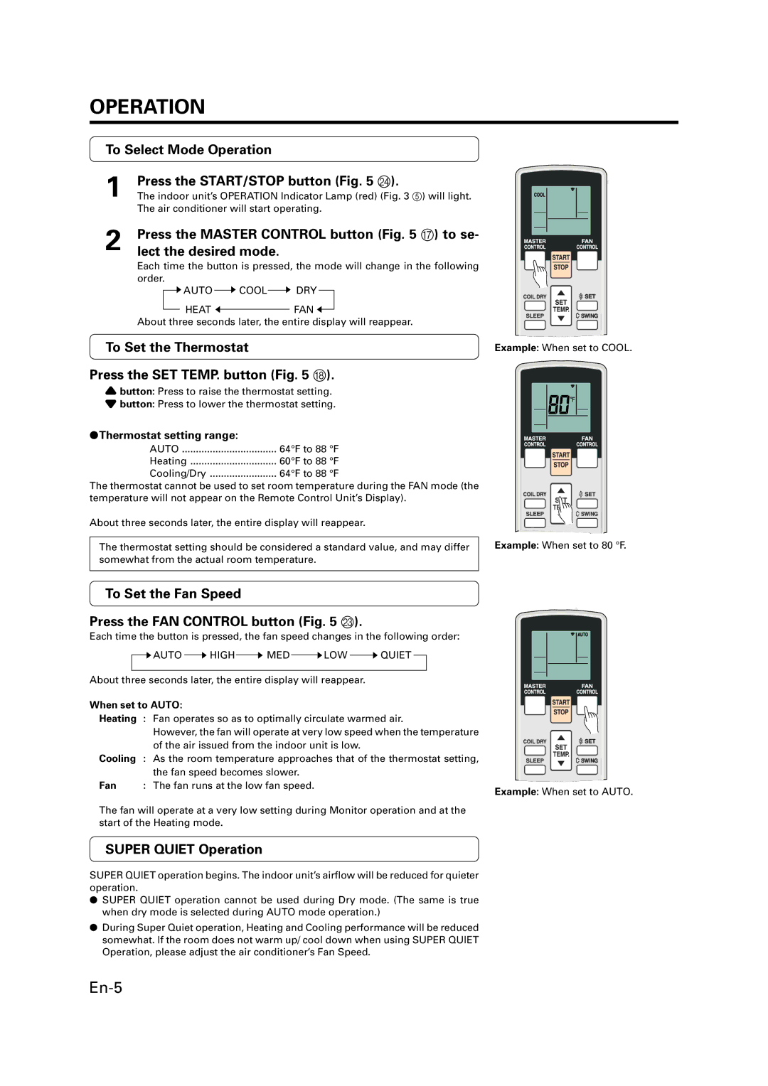 Friedrich MW09Y3FM, MW12Y3FM, MW18Y3FM, MR24DY3F, MR36TQY3F manual Operation 