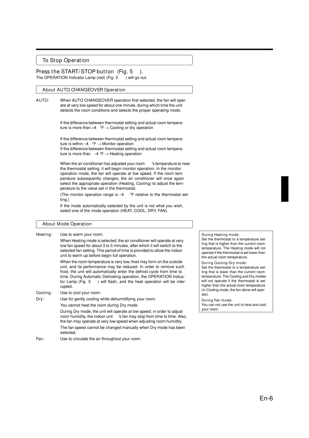 Friedrich MW09Y3FM To Stop Operation Press the START/STOP button N, About Auto Changeover Operation, About Mode Operation 