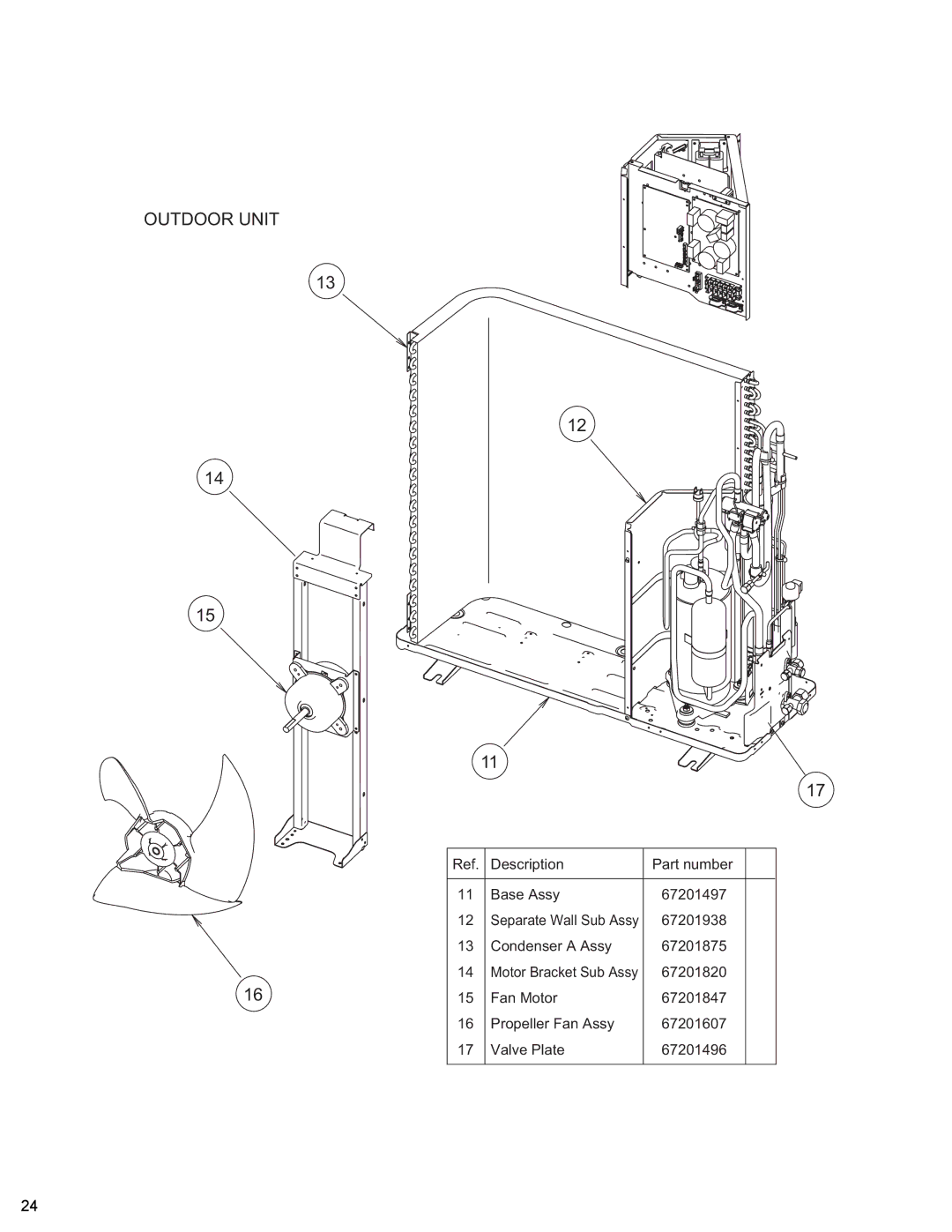 Friedrich MR18Y3H, MW18Y3H, MR24Y3H manual Description Part number Base Assy 67201497 