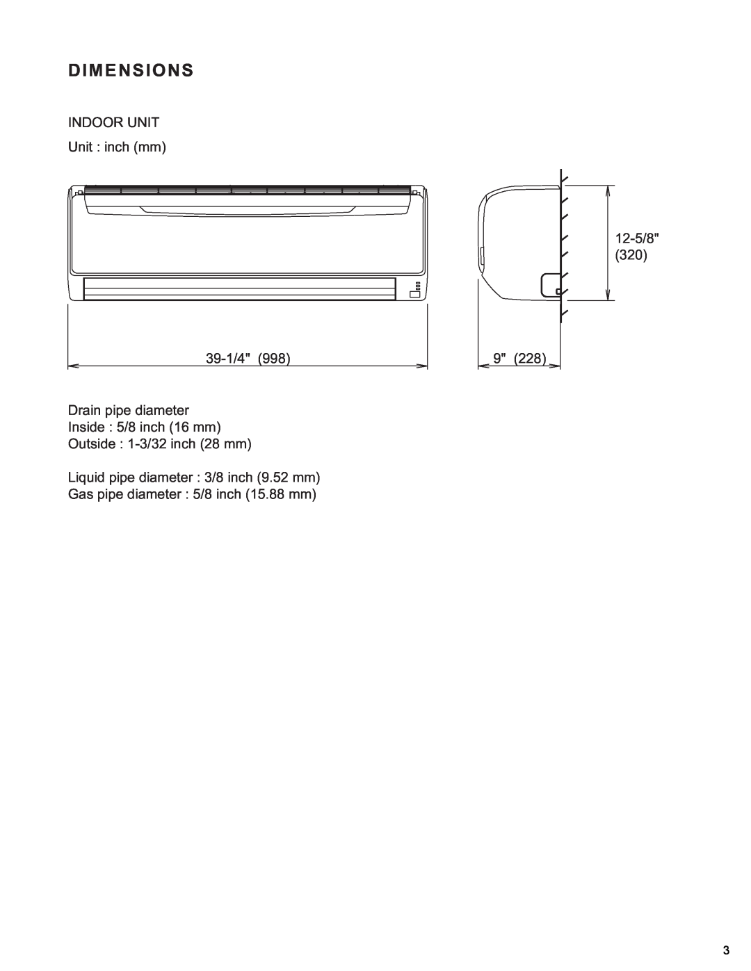 Friedrich MR18Y3H manual Dimensions, INDOOR UNIT Unit inch mm 12-5/8, 39-1/4998, Drain pipe diameter Inside 5/8 inch 16 mm 