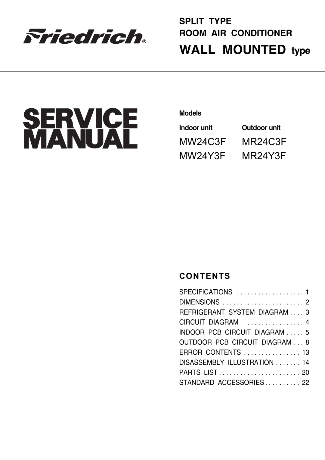 Friedrich MR24C3F, MW24C3F, MR24Y3F specifications Wall Mounted type, Contents 