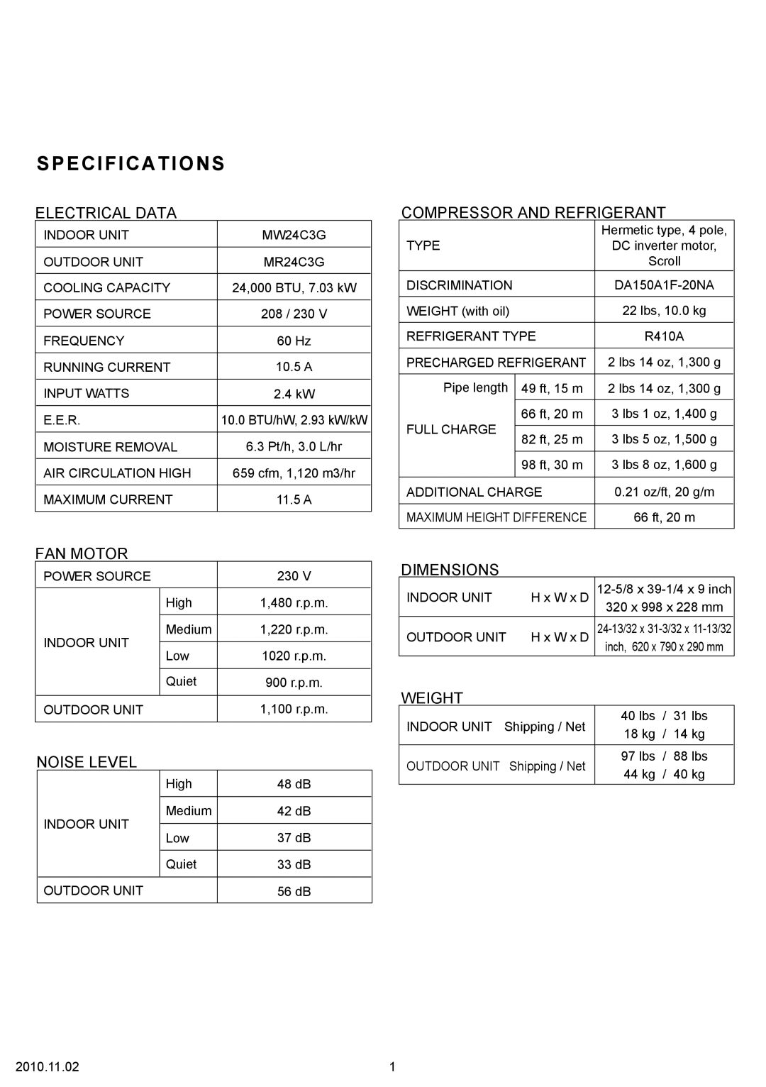 Friedrich MW24C3G, MR24C3G specifications Specifications 