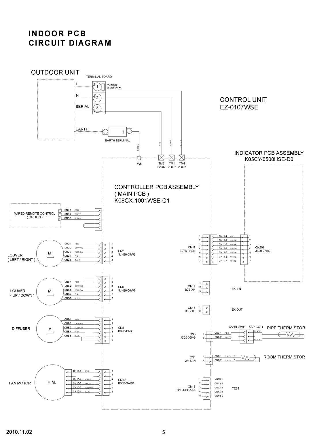 Friedrich MW24C3G, MR24C3G specifications Indoor Pcb Circuit Diagram, CONTROL UNIT EZ-0107WSE, Outdoor Unit, Room Thermistor 