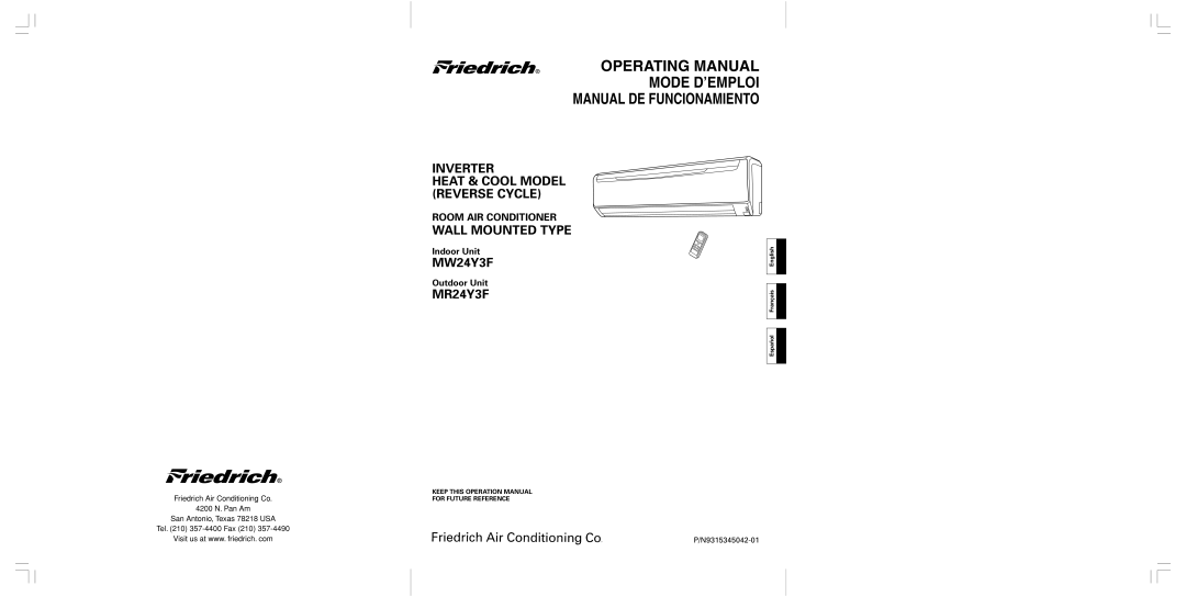 Friedrich MW24Y3F operation manual Operating Manual, Español Français English 