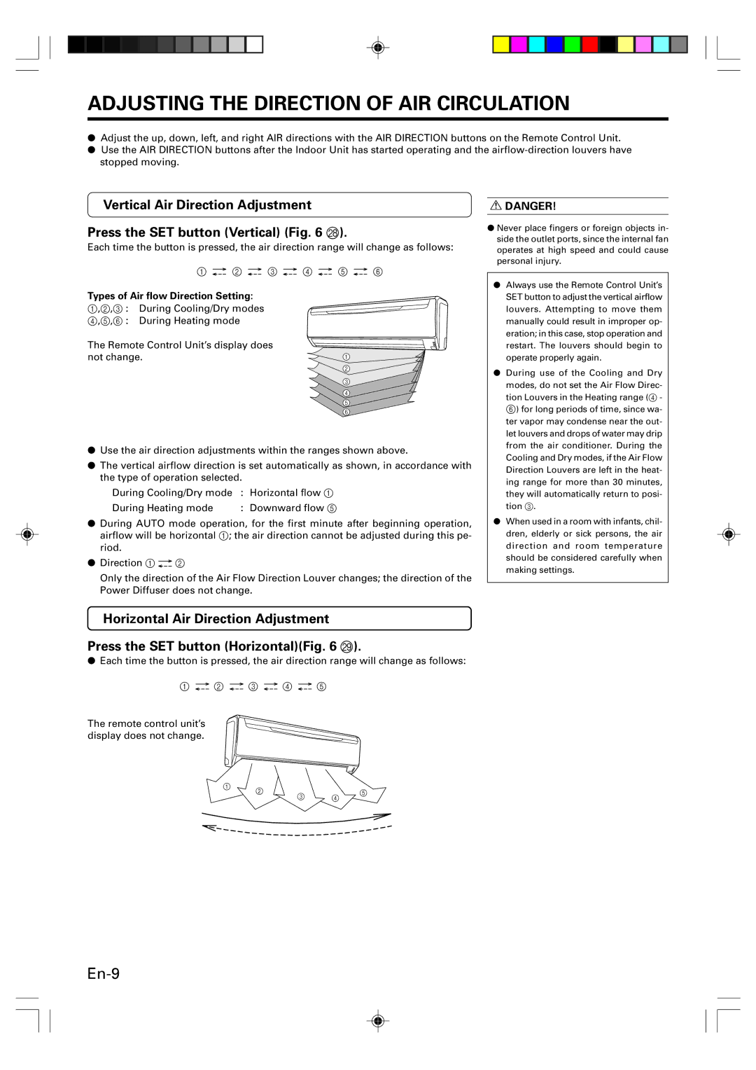 Friedrich MW24Y3F operation manual Adjusting the Direction of AIR Circulation, Types of Air flow Direction Setting 