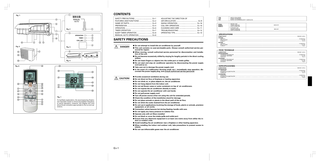 Friedrich MW24Y3F operation manual Contents, Safety Precautions 