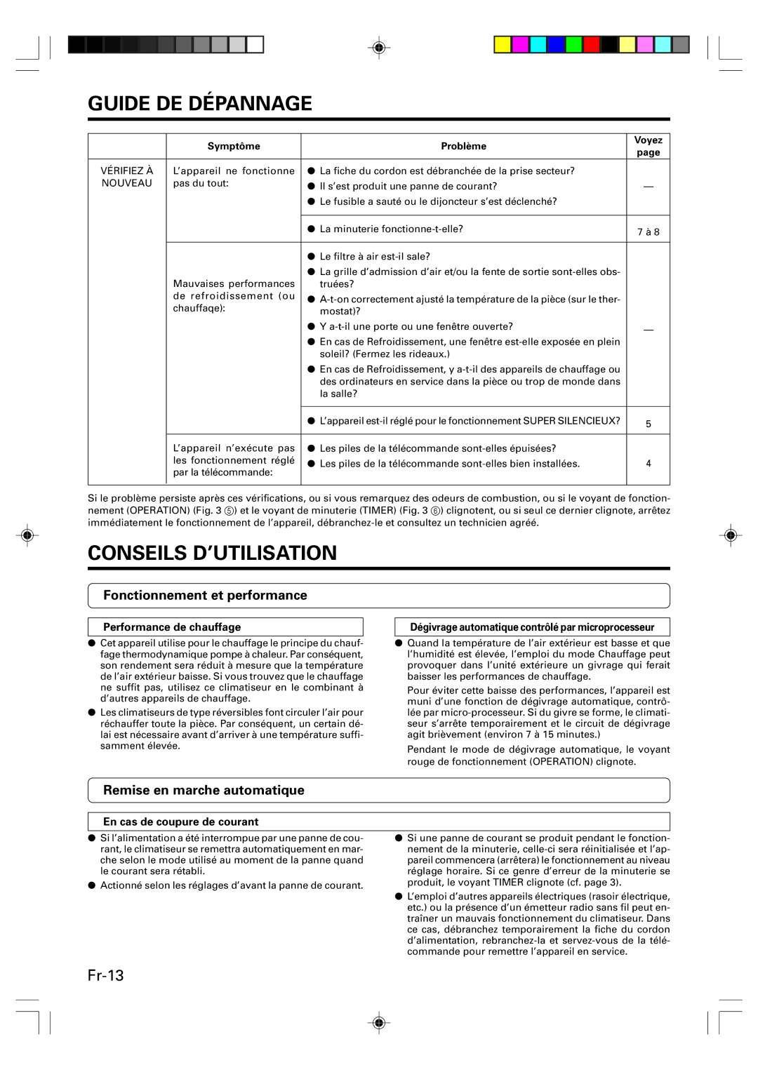 Friedrich MW24Y3F operation manual Conseils D’UTILISATION, Fonctionnement et performance, Remise en marche automatique 