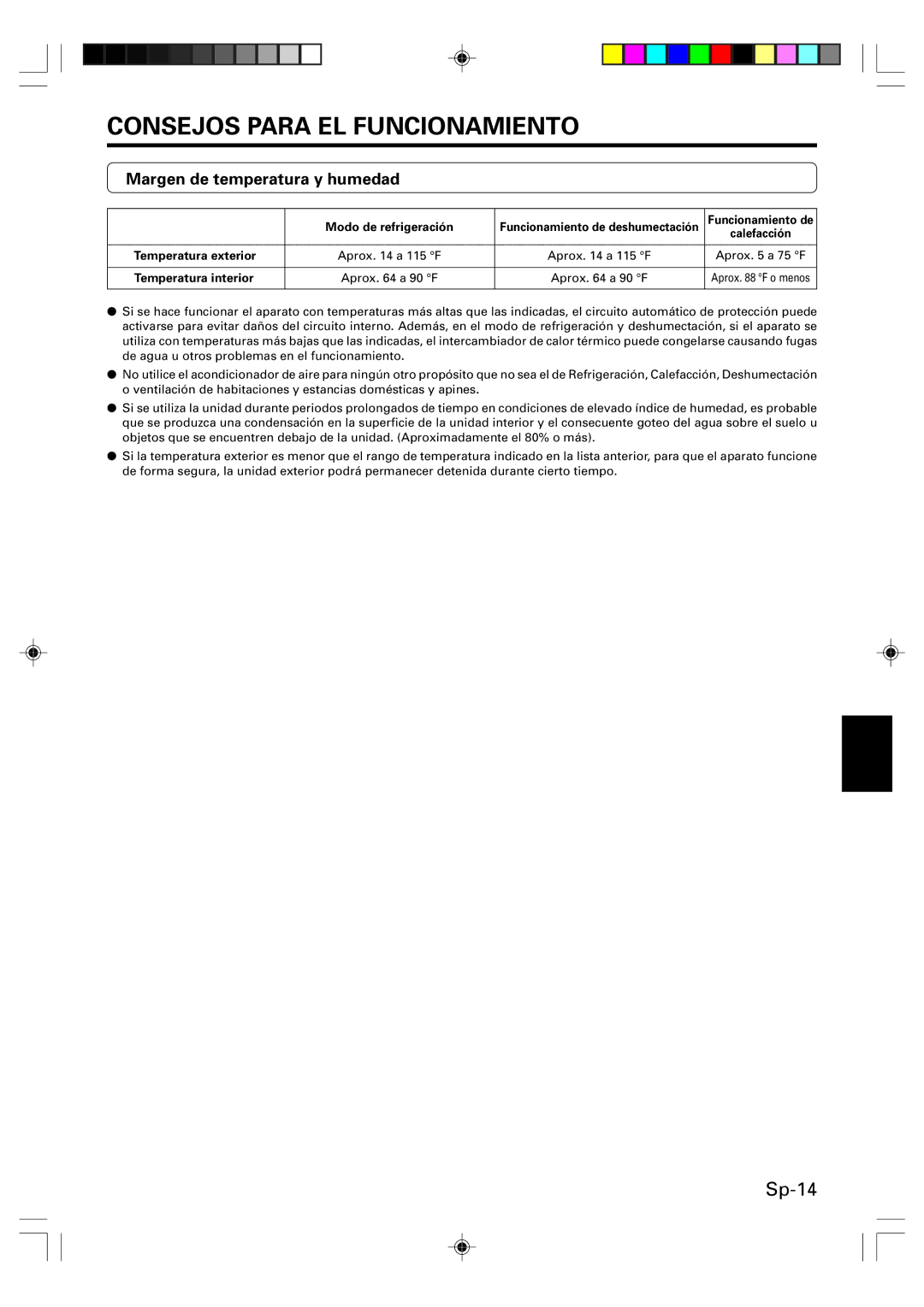 Friedrich MW24Y3F Margen de temperatura y humedad, Modo de refrigeración, Funcionamiento de, Temperatura exterior 