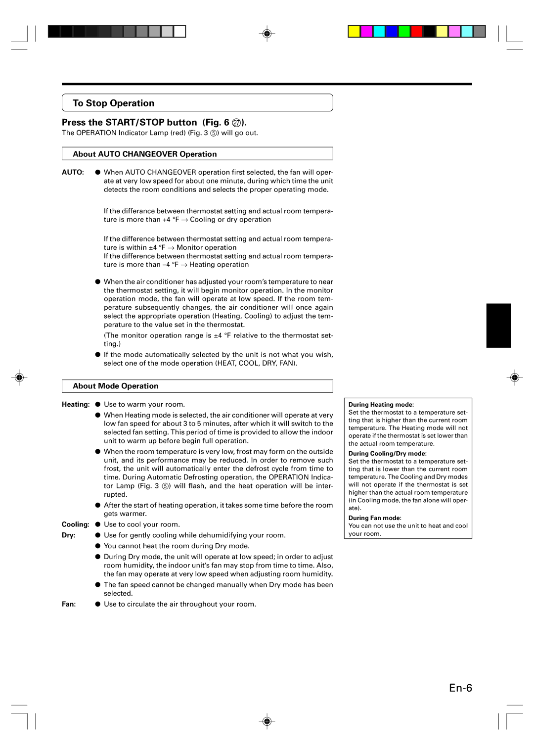 Friedrich MW24Y3F To Stop Operation Press the START/STOP button Q, About Auto Changeover Operation, About Mode Operation 