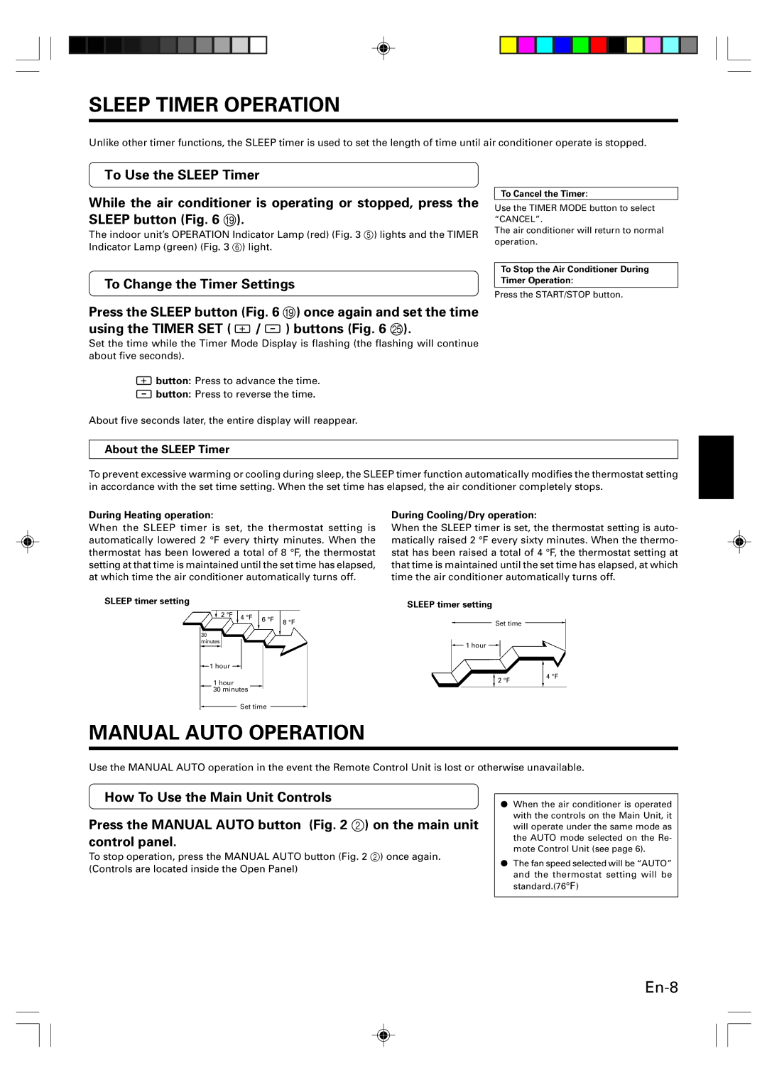 Friedrich MW24Y3F Sleep Timer Operation, Manual Auto Operation, About the Sleep Timer, During Heating operation 