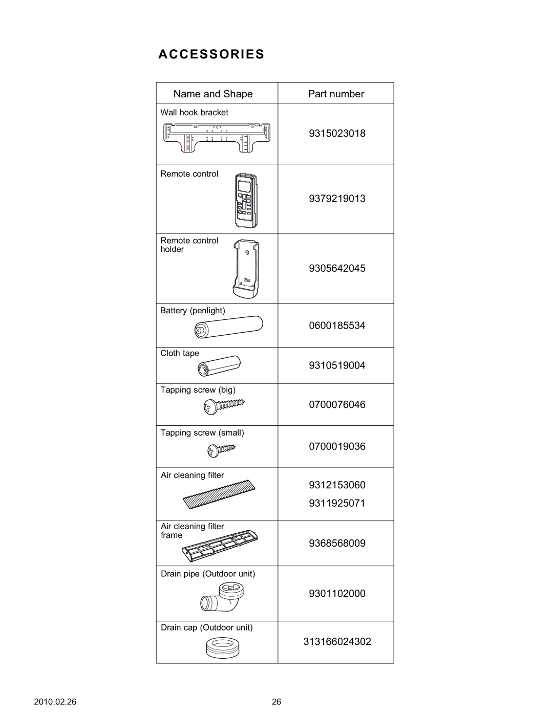 Friedrich MW24Y3H specifications Accessories 