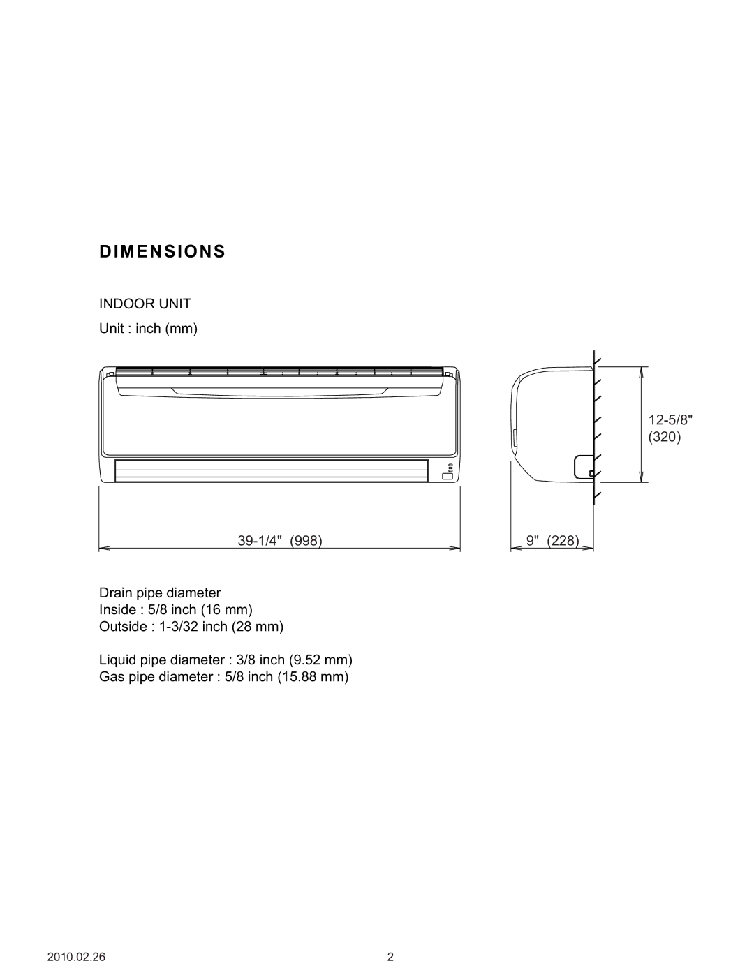 Friedrich MW24Y3H specifications Dimensions, 12-5/8 320 39-1/4 228 