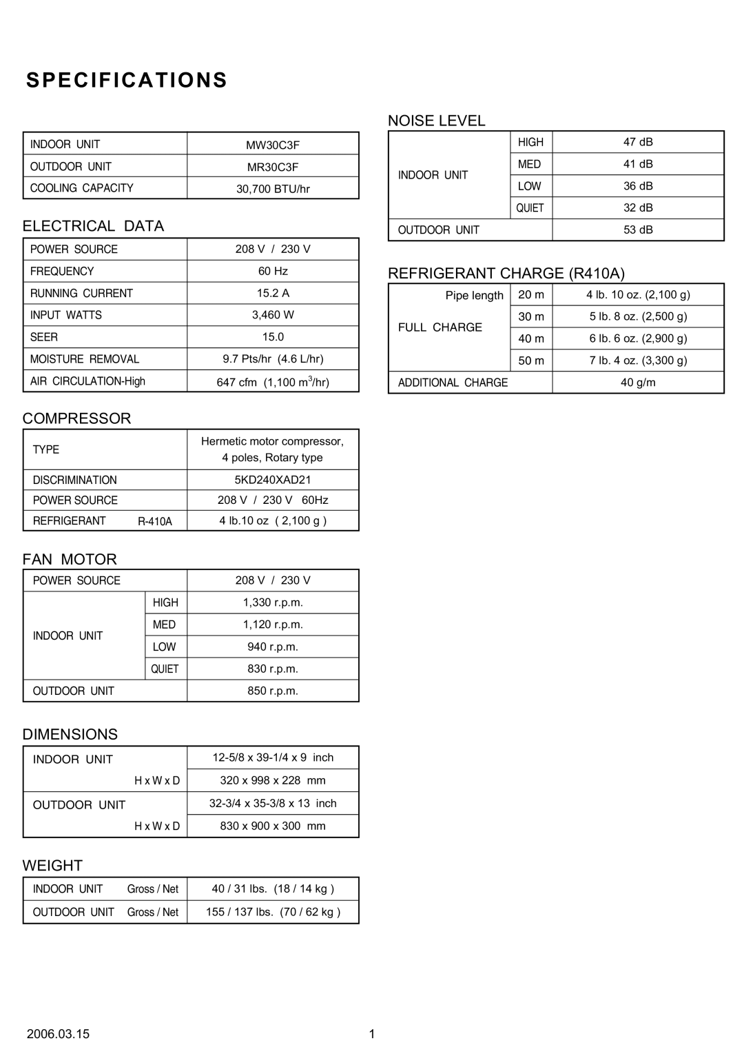 Friedrich MW30C3F, MR30C3F specifications Specifications 