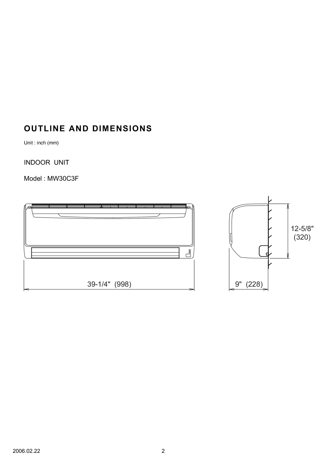 Friedrich MR30C3F, MW30C3F specifications Outline and Dimensions, 12-5/8 320 39-1/4 228 