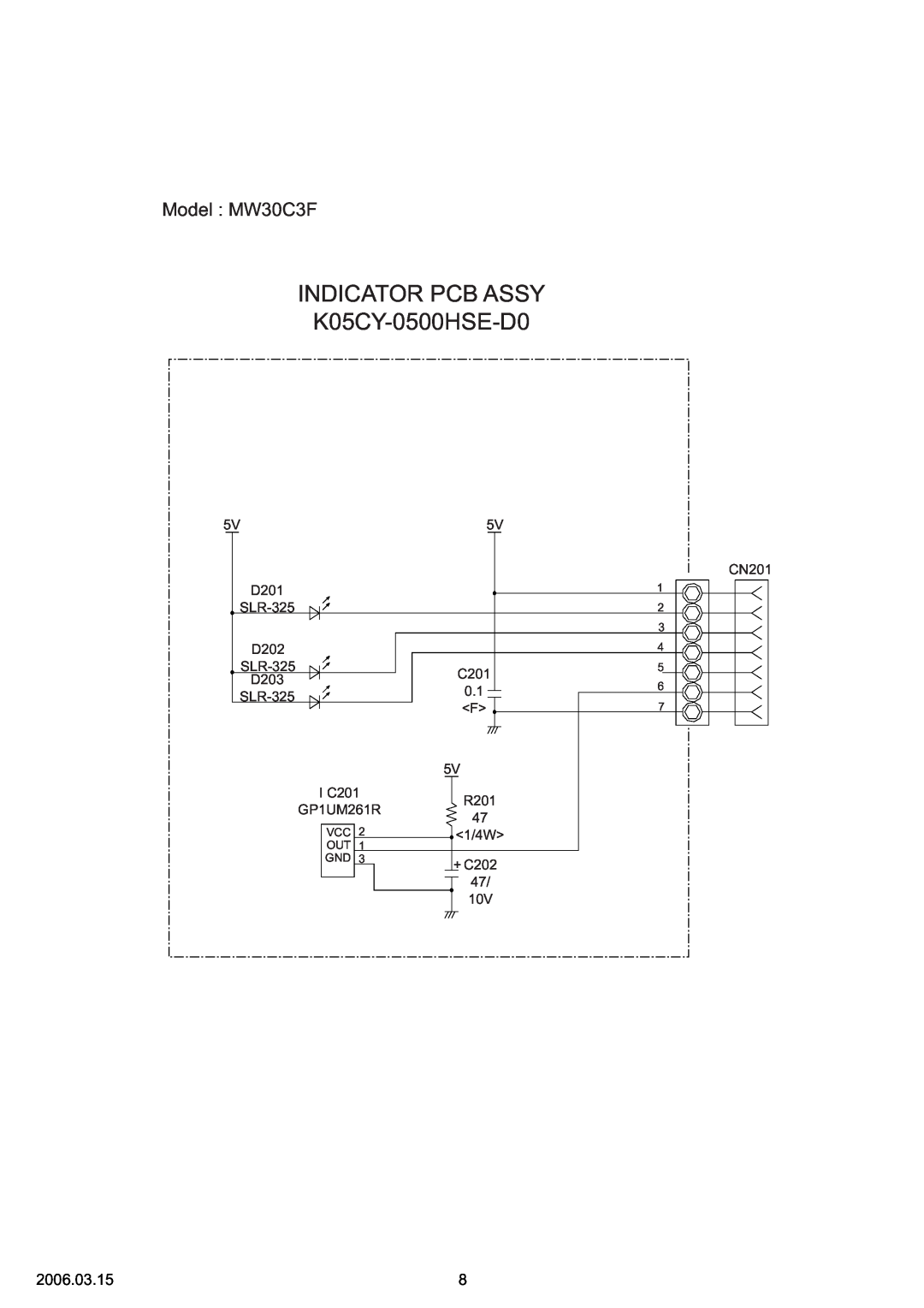 Friedrich MR30C3F specifications INDICATOR PCB ASSY K05CY-0500HSE-D0, Model MW30C3F, 2006.03.15, 1/4W, CN201 
