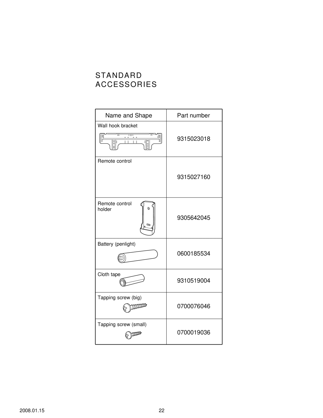 Friedrich MR36C3F, MW36C3F specifications Standard Accessories 