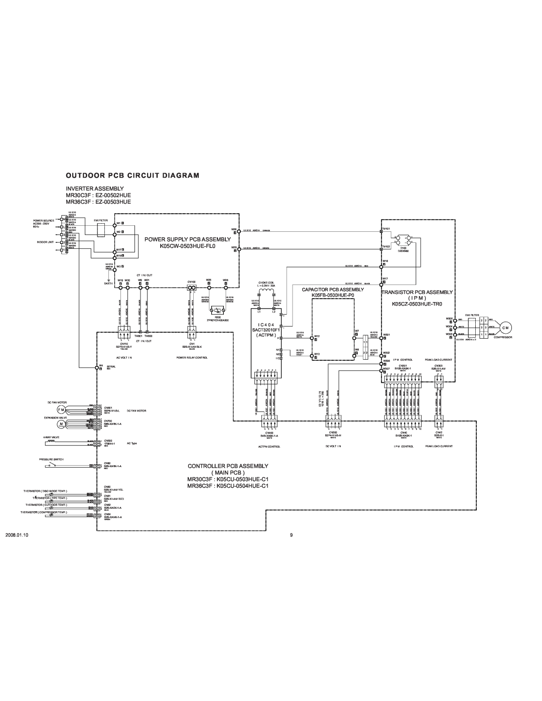 Friedrich MW36C3F specifications Outdoor Pcb Circuit Diagram, Inverter Assembly, MR30C3F EZ-00502HUE, MR36C3F EZ-00503HUE 