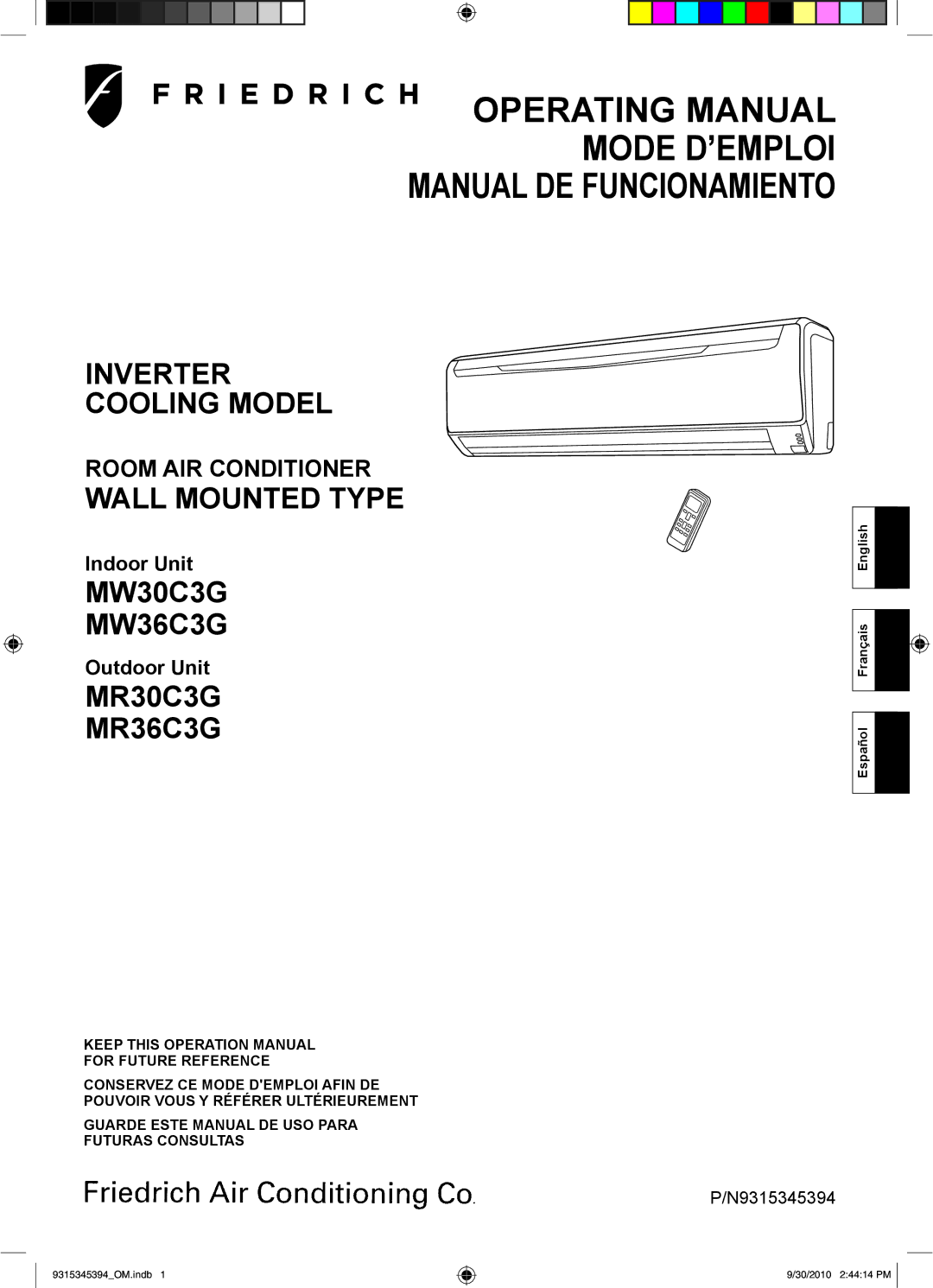 Friedrich MW30C3G operation manual Operating Manual Mode D’EMPLOI Manual DE Funcionamiento, Español Français English 