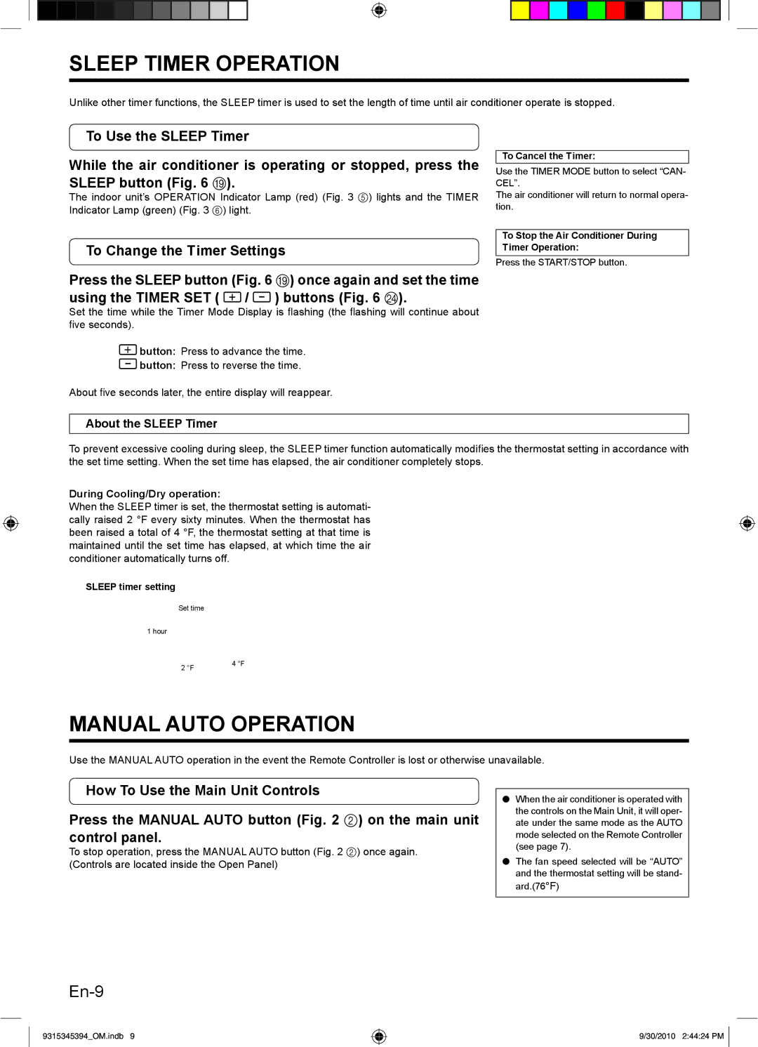 Friedrich MR30C3G Sleep Timer Operation, Manual Auto Operation, To Change the Timer Settings, About the Sleep Timer 