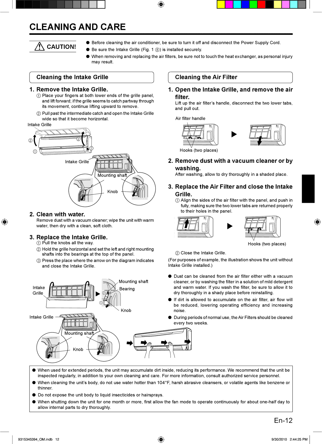 Friedrich MW30C3G, MW36C3G, MR30C3G, MR36C3G operation manual Cleaning and Care 