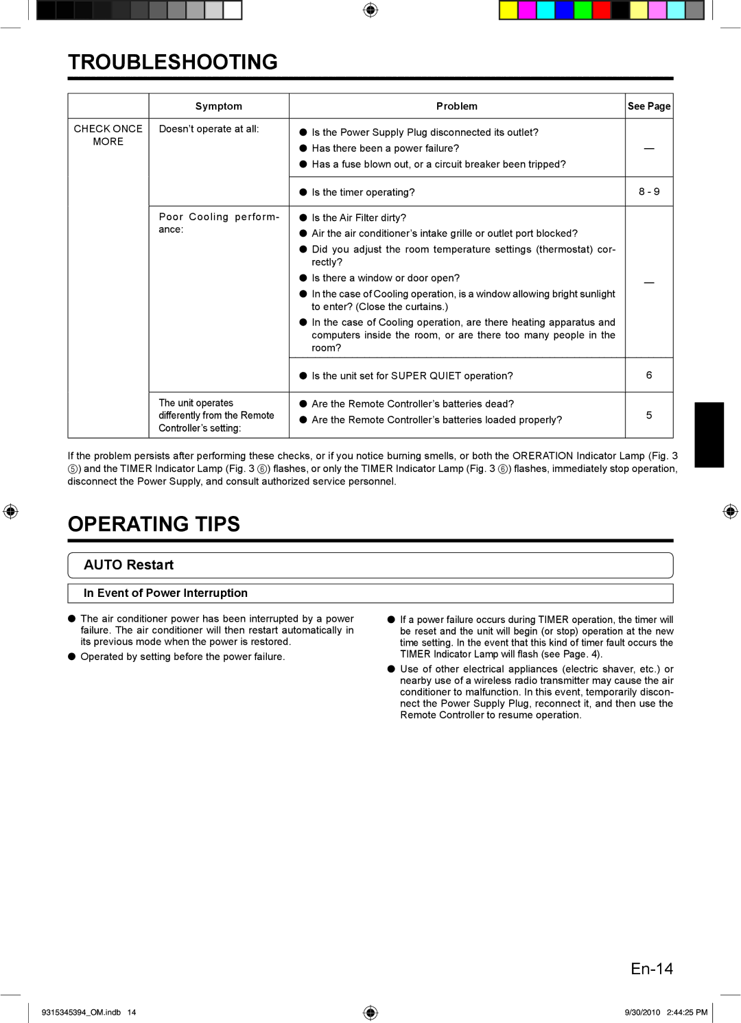 Friedrich MR36C3G, MW36C3G, MW30C3G, MR30C3G operation manual Operating Tips, Auto Restart, Event of Power Interruption 