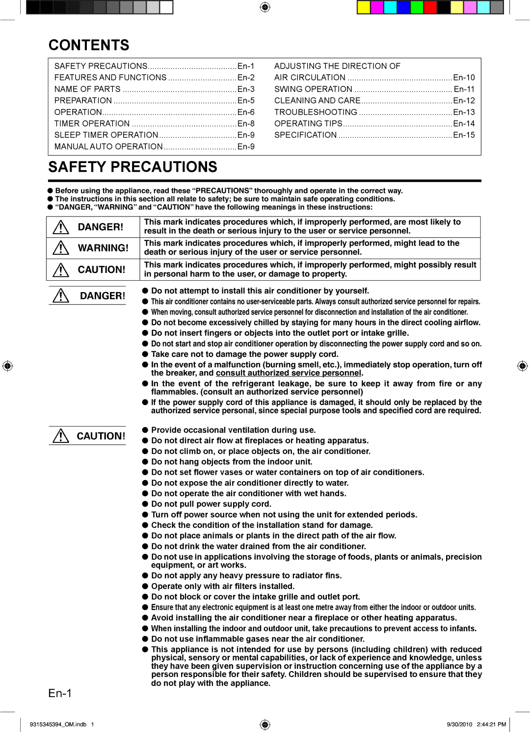 Friedrich MR30C3G, MW36C3G, MW30C3G, MR36C3G operation manual Contents, Safety Precautions 