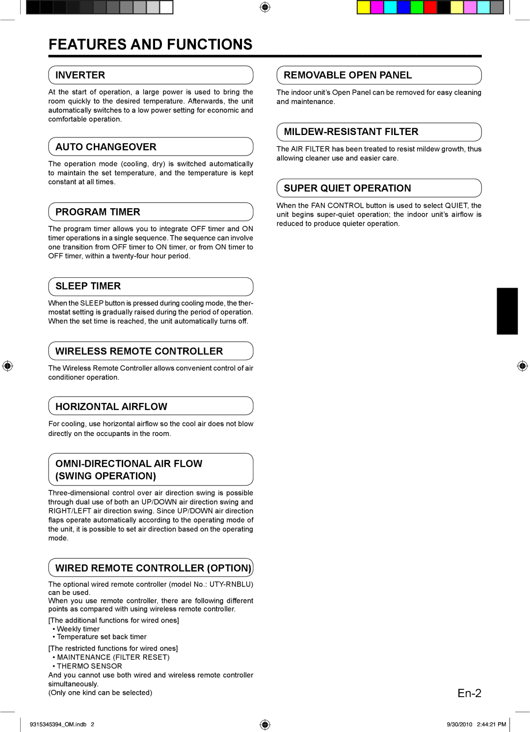 Friedrich MR36C3G, MW36C3G, MW30C3G, MR30C3G operation manual Features and Functions, Inverter Removable Open Panel 