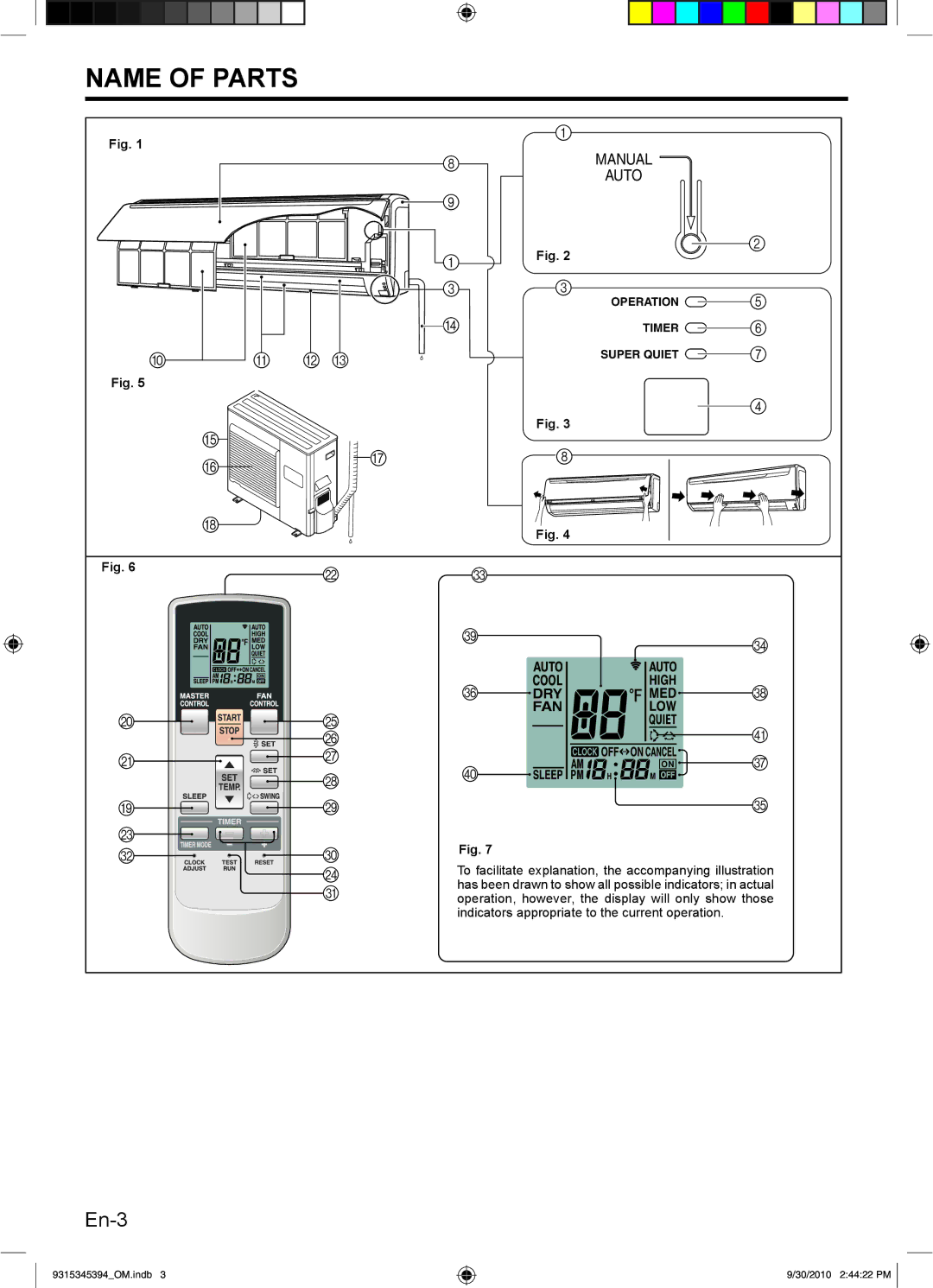 Friedrich MW36C3G, MW30C3G, MR30C3G, MR36C3G operation manual Name of Parts, Manual Auto 