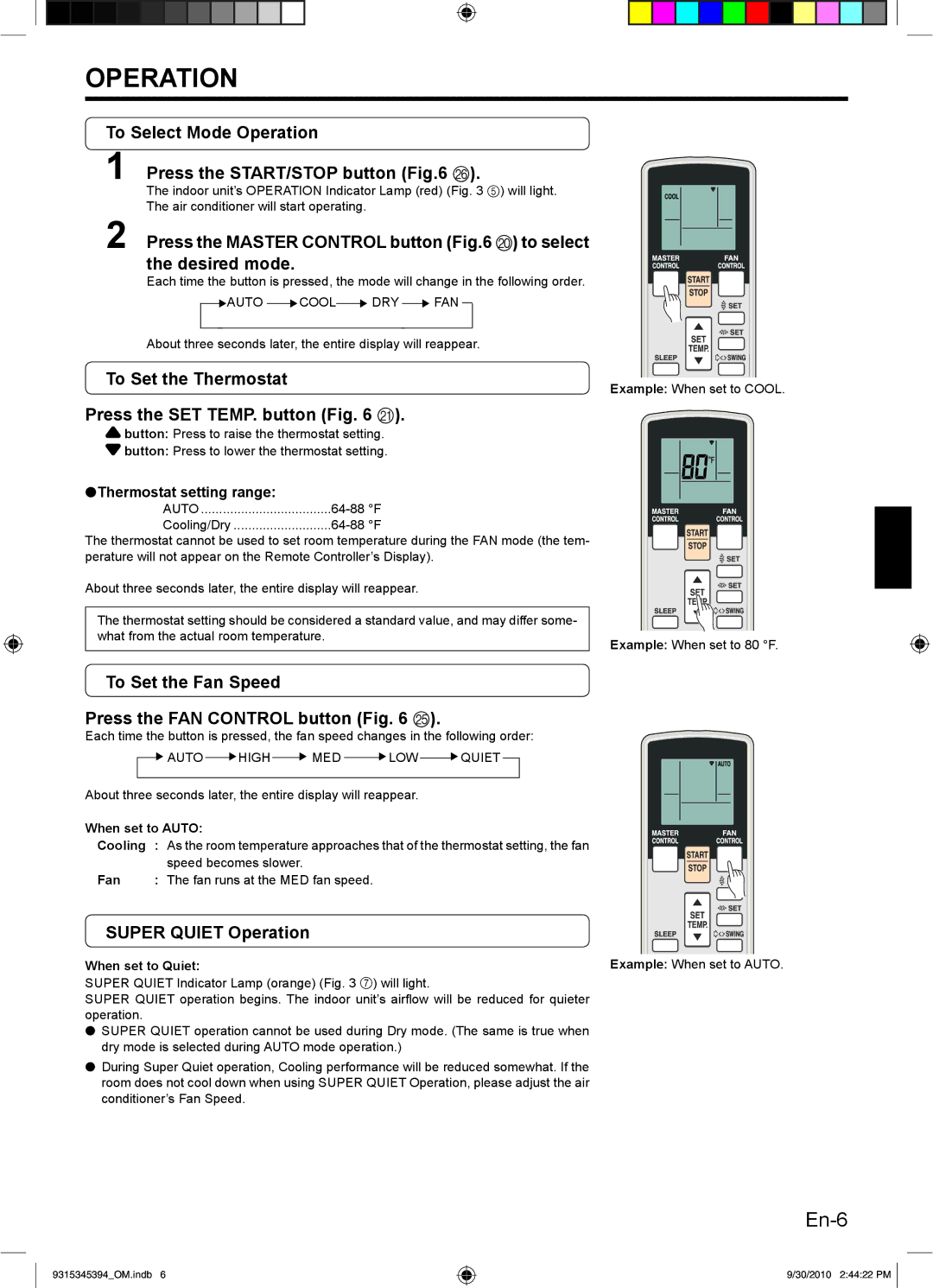 Friedrich MR36C3G, MW36C3G, MW30C3G To Select Mode Operation Press the START/STOP button P, Super Quiet Operation 