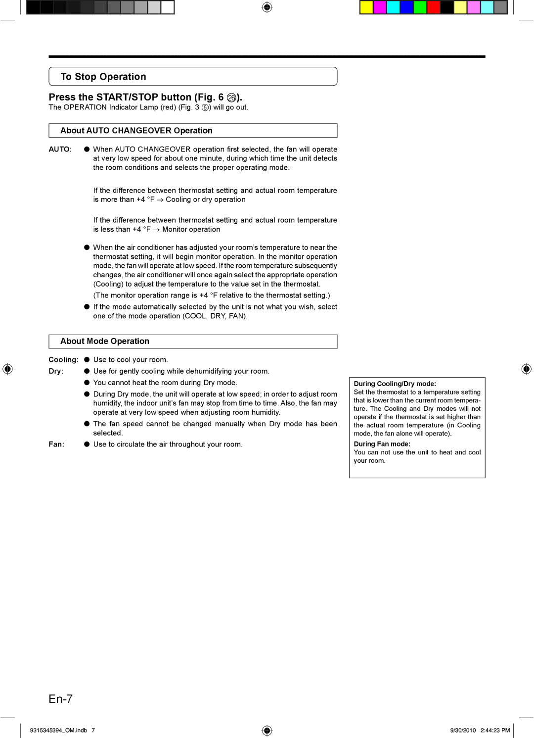 Friedrich MW36C3G To Stop Operation Press the START/STOP button P, About Auto Changeover Operation, About Mode Operation 