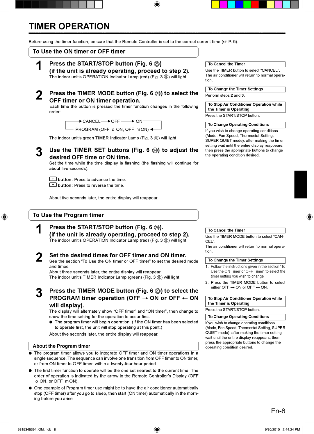 Friedrich MW30C3G, MW36C3G, MR30C3G, MR36C3G operation manual Timer Operation 