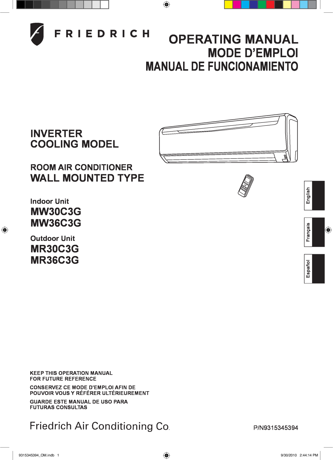 Friedrich operation manual Inverter Cooling Model, Wall Mounted Type, MW30C3G MW36C3G, MR30C3G MR36C3G, Indoor Unit 