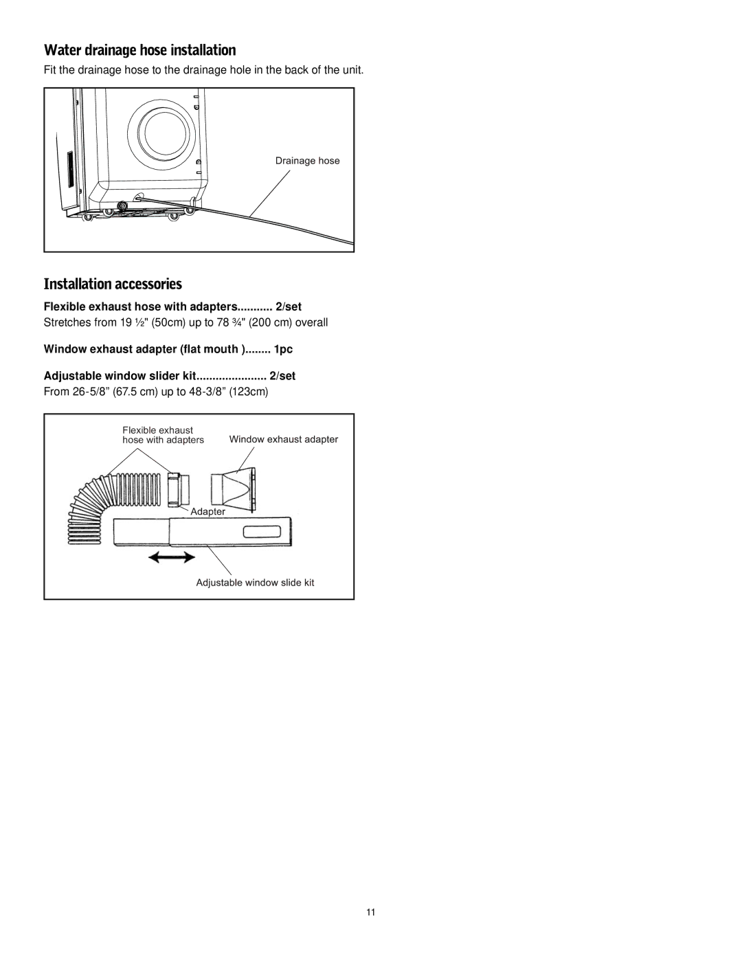 Friedrich P-09 operation manual Water drainage hose installation, Installation accessories, Set 