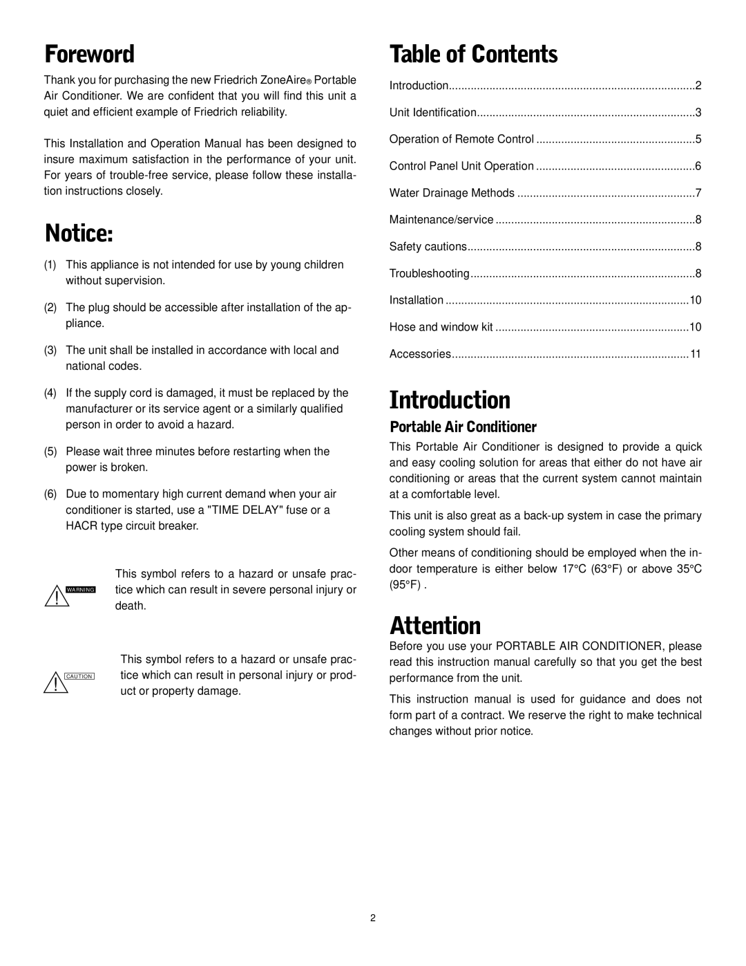 Friedrich P-09 operation manual Foreword, Table of Contents, Introduction 