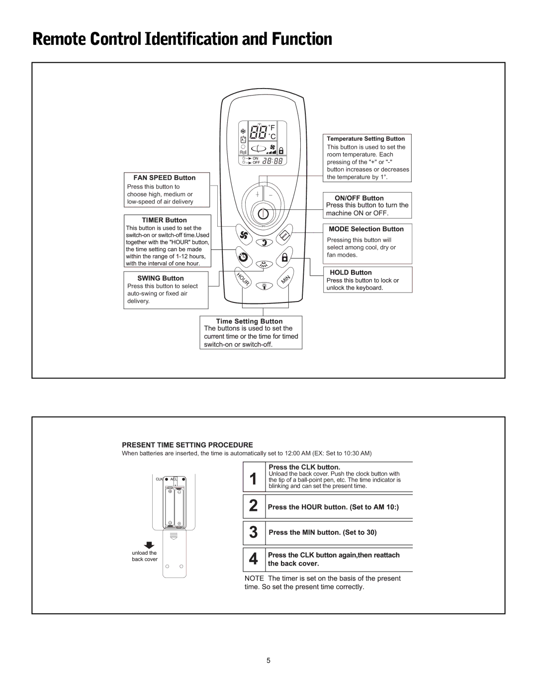 Friedrich P-09 operation manual Remote Control Identification and Function, Press the CLK button 