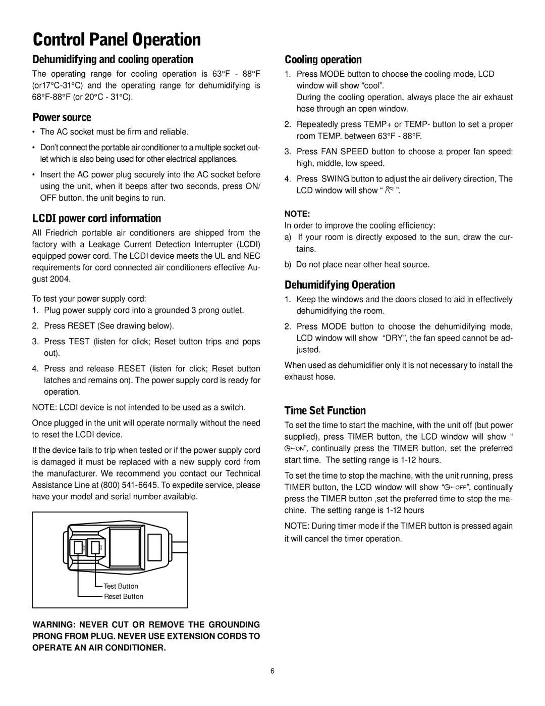 Friedrich P-09 operation manual Control Panel Operation 