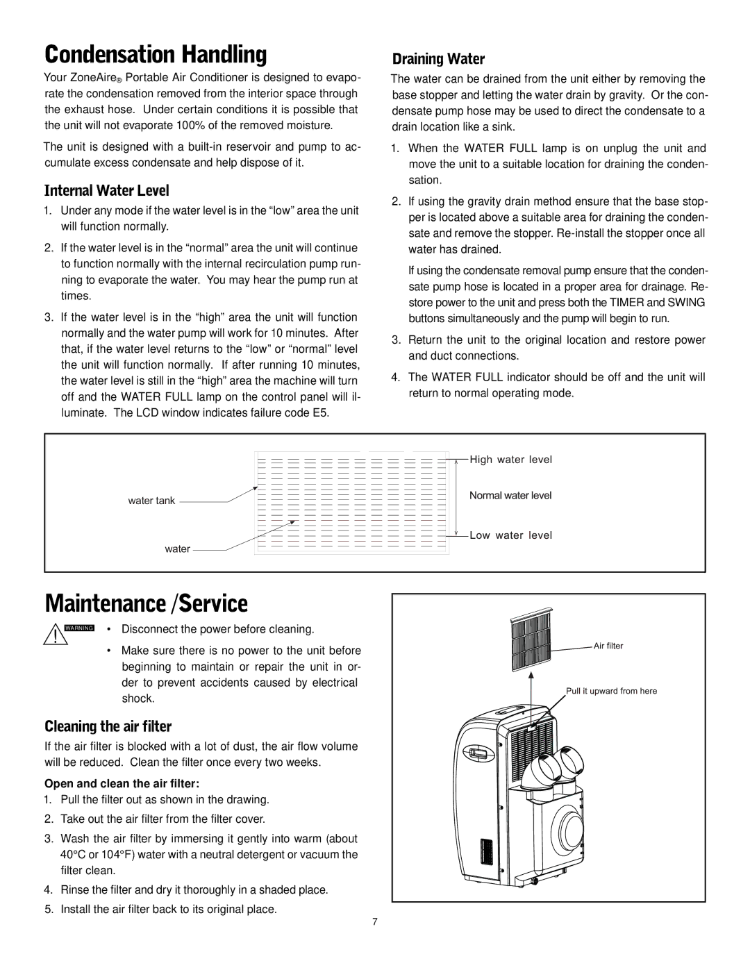 Friedrich P-09 Condensation Handling, Maintenance /Service, Draining Water, Internal Water Level, Cleaning the air filter 