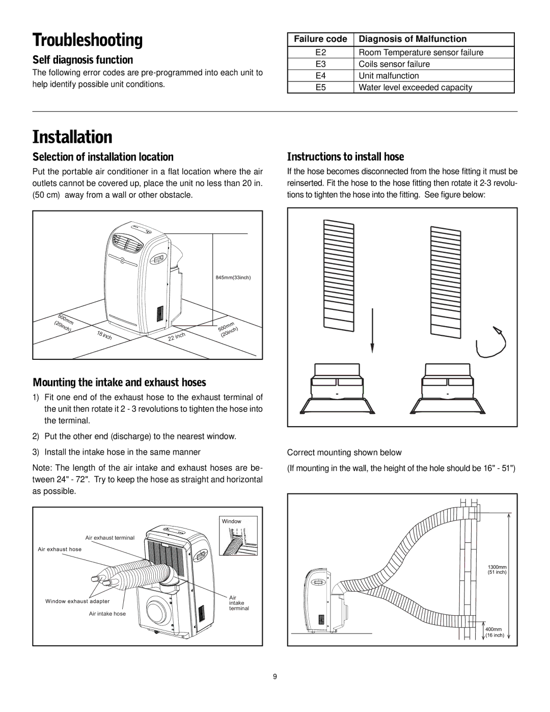 Friedrich P-09 Installation, Self diagnosis function, Selection of installation location, Instructions to install hose 