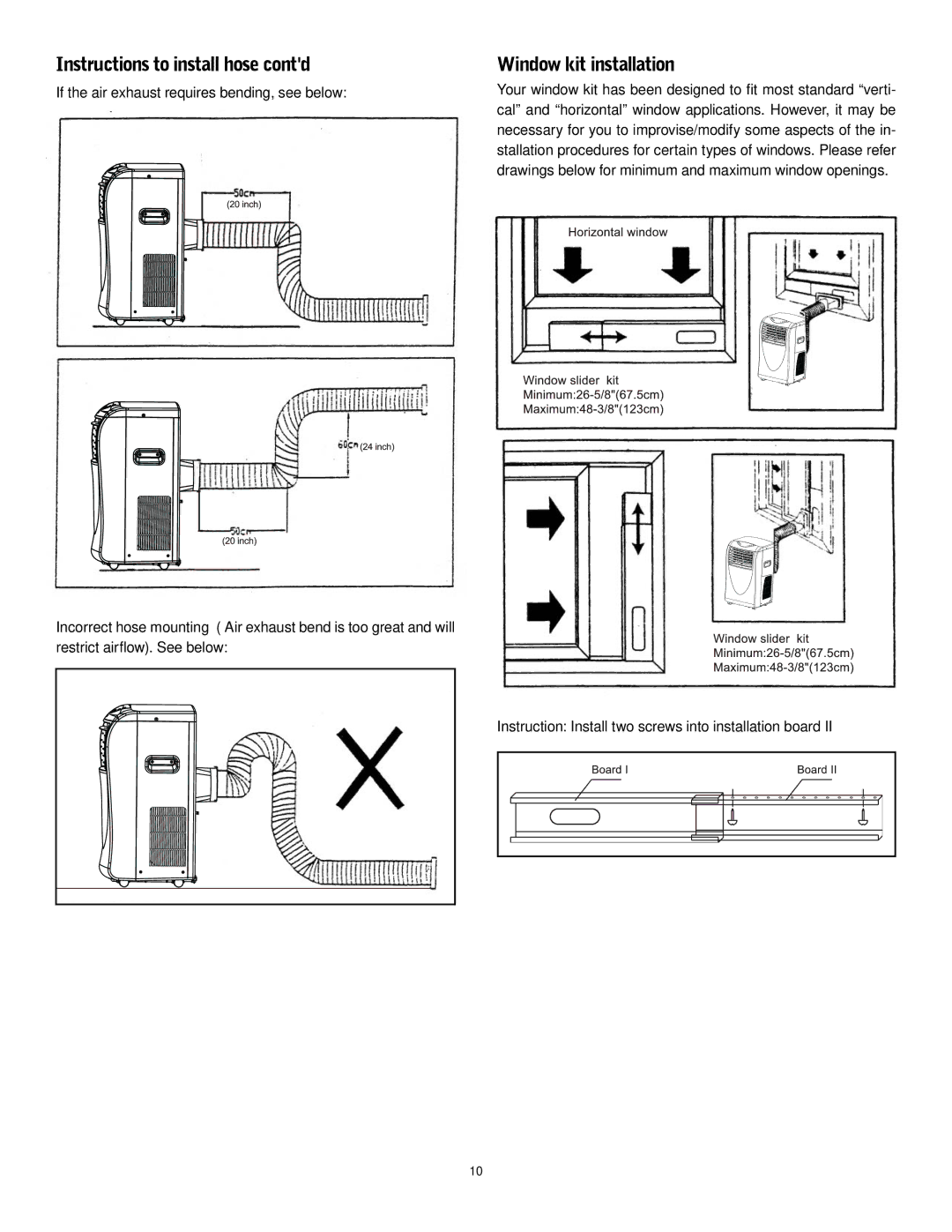 Friedrich P-12 operation manual Instructions to install hose contd, Window kit installation 