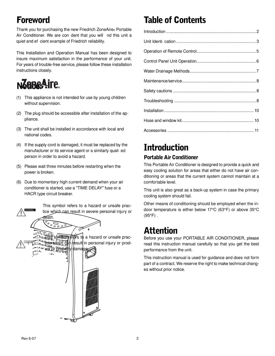 Friedrich P-12 operation manual Foreword, Table of Contents, Introduction 