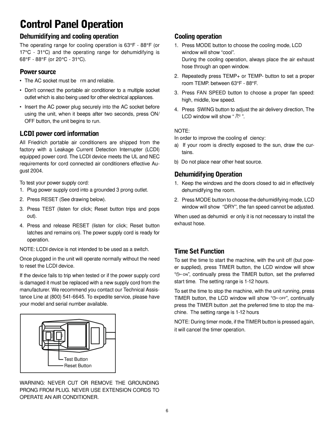 Friedrich P-12 operation manual Control Panel Operation 