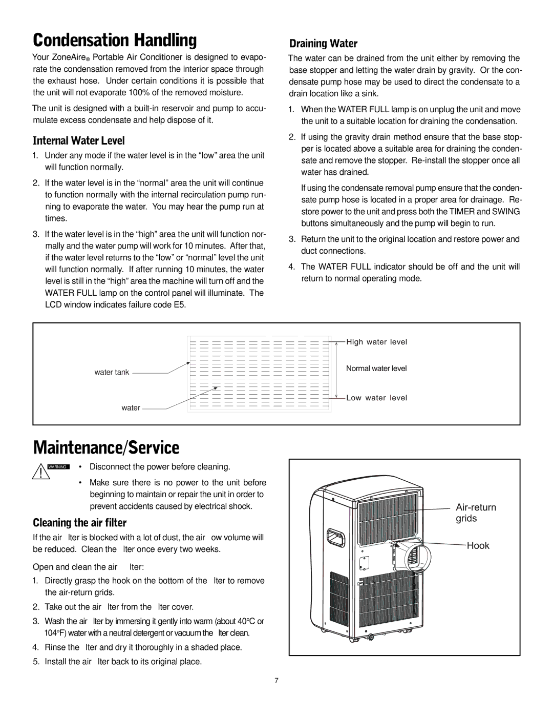 Friedrich P-12 Condensation Handling, Maintenance/Service, Draining Water, Internal Water Level, Cleaning the air filter 