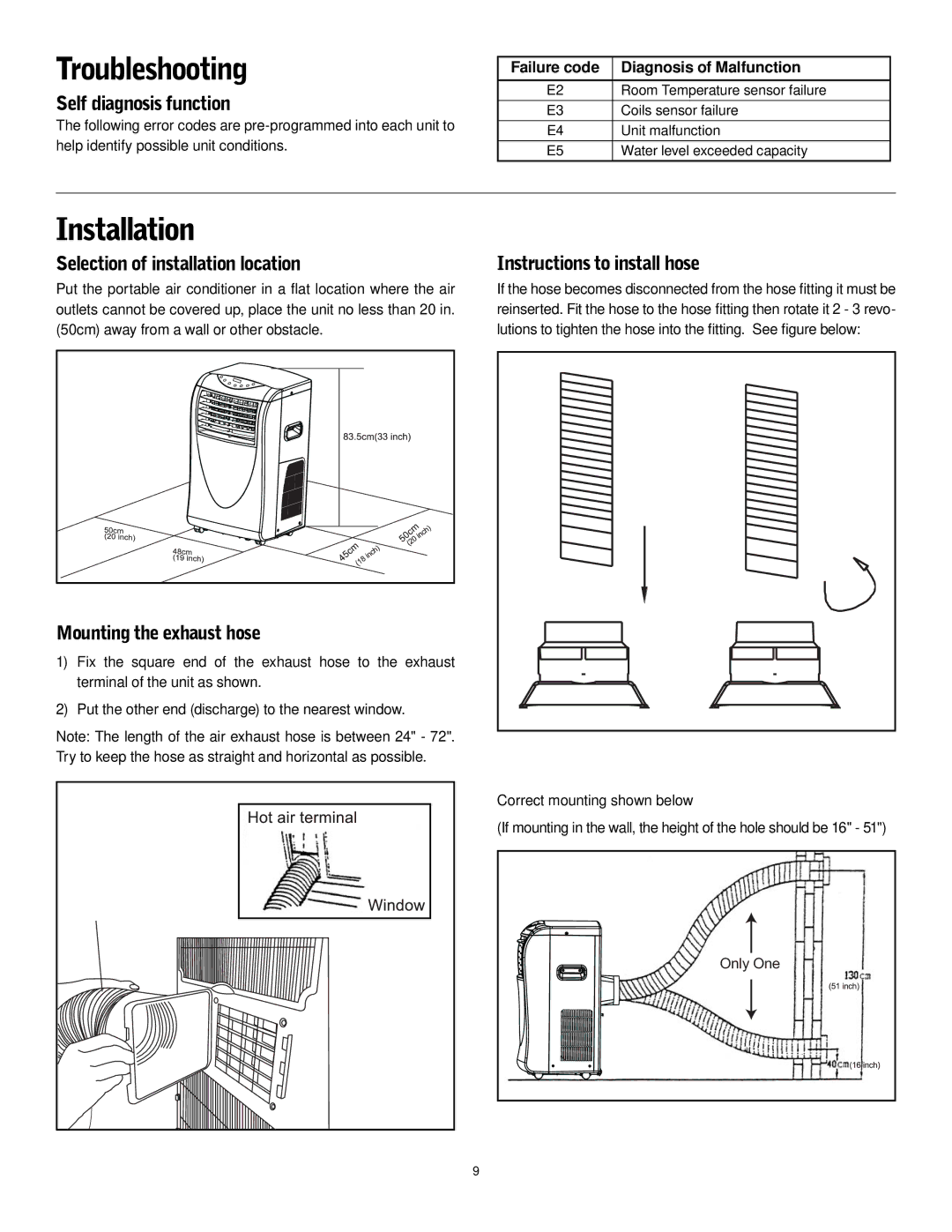 Friedrich P-12 Installation, Self diagnosis function, Selection of installation location, Mounting the exhaust hose 