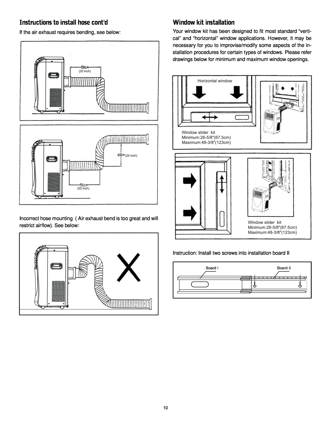 Friedrich P-12 operation manual Instructions to install hose contd, Window kit installation 