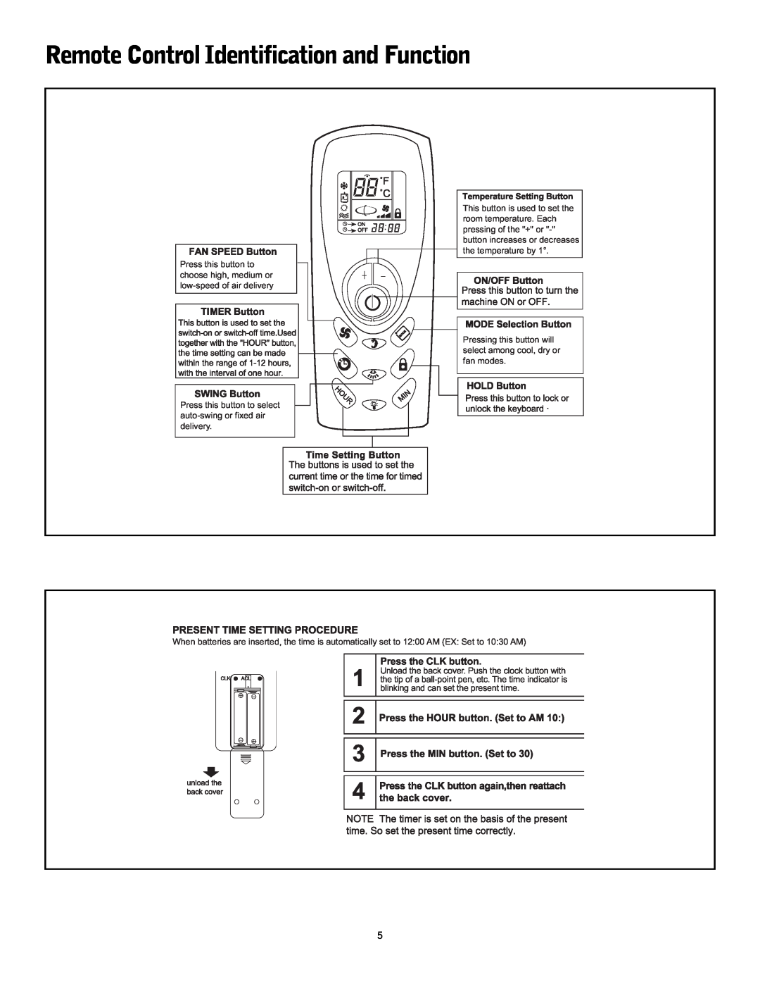 Friedrich P-12 operation manual Remote Control Identification and Function, Press the CLK button 